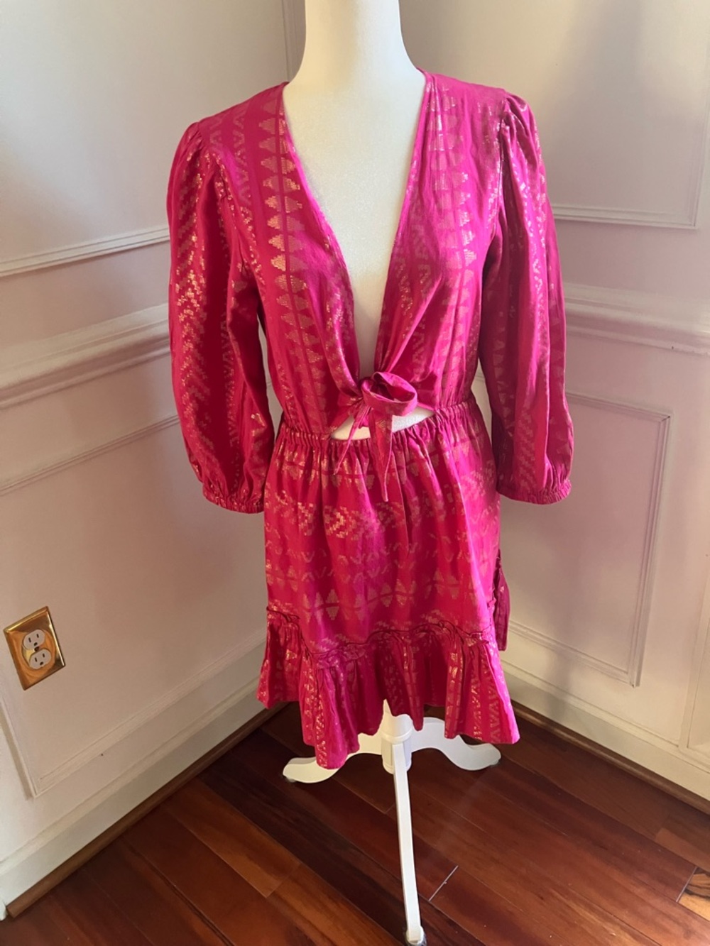 Elan Clara Hot Pink Metallic Open Tie-Front Mini Dress - Picture 2 of 6